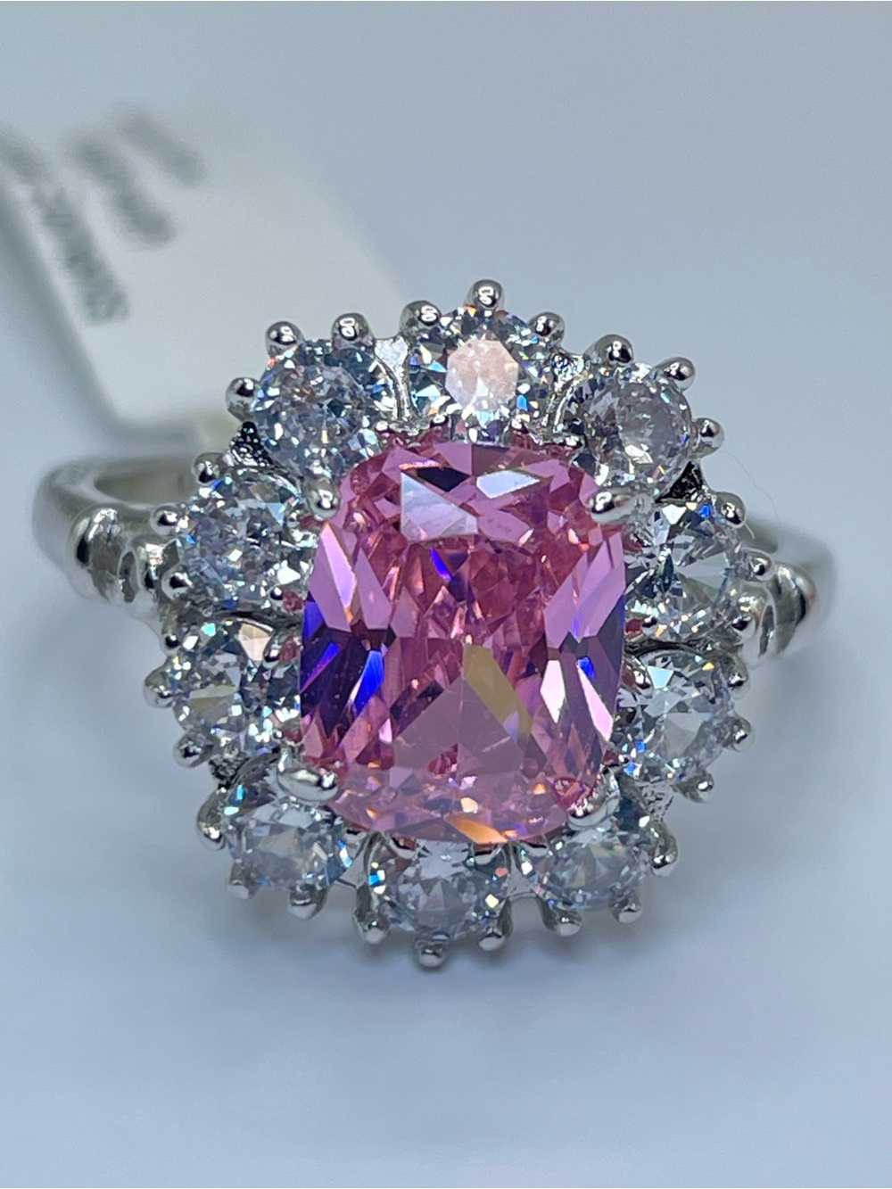 Swarovski Crystal Elements Pink Radiant Cut Crystal Halo Statement Ring Size 10